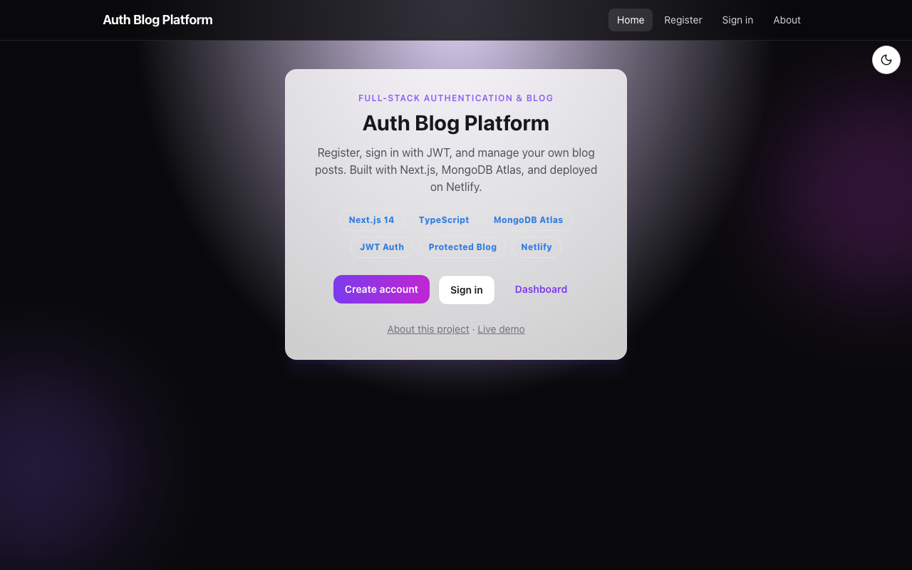 Auth Blog Platform — Desktop landing view