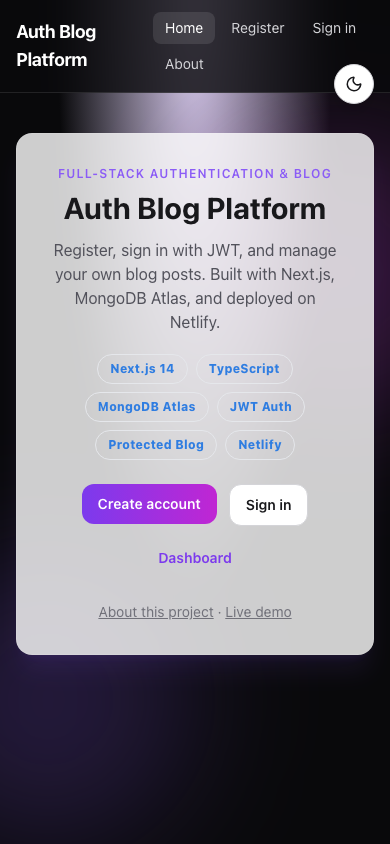 Auth Blog Platform — Mobile view