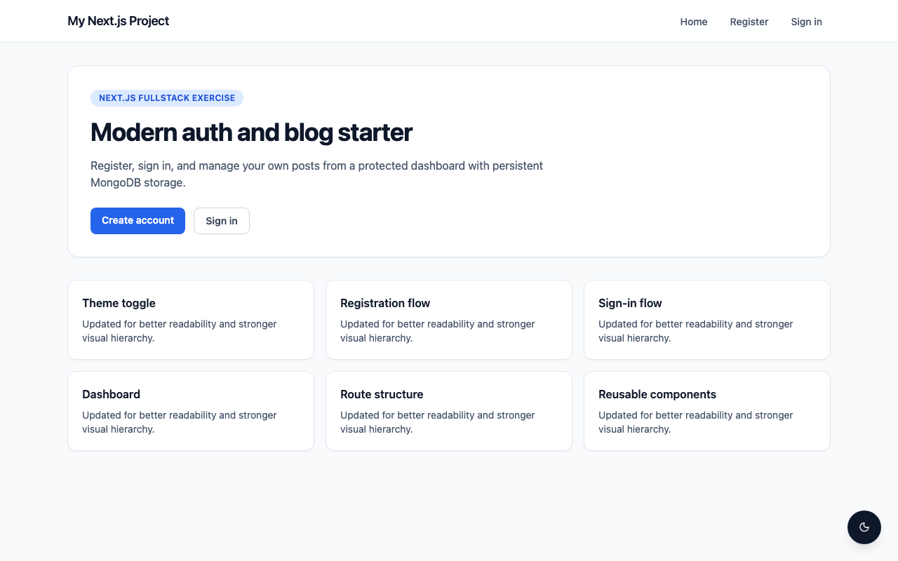 Next.js Auth Blog (Modernized) — Desktop landing view
