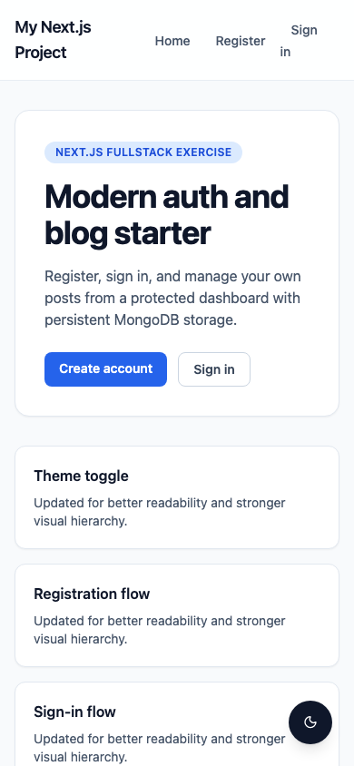 Next.js Auth Blog (Modernized) — Mobile view