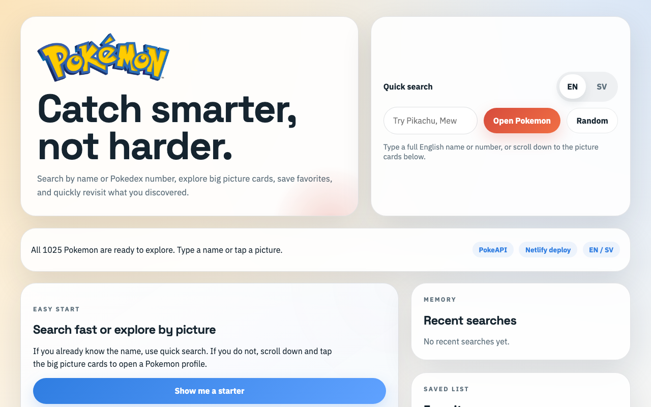 Pokémon Search App — Desktop landing view